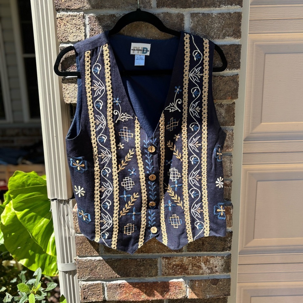 Vintage Paul Harris Design Embroidered Vest Navy Blue Medium